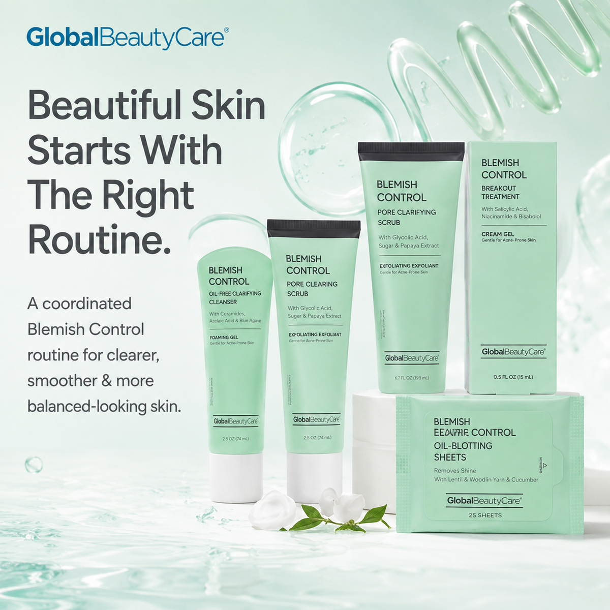 Global Beauty Care Blemish Control Collection 6-piece set lifestyle texture closeup