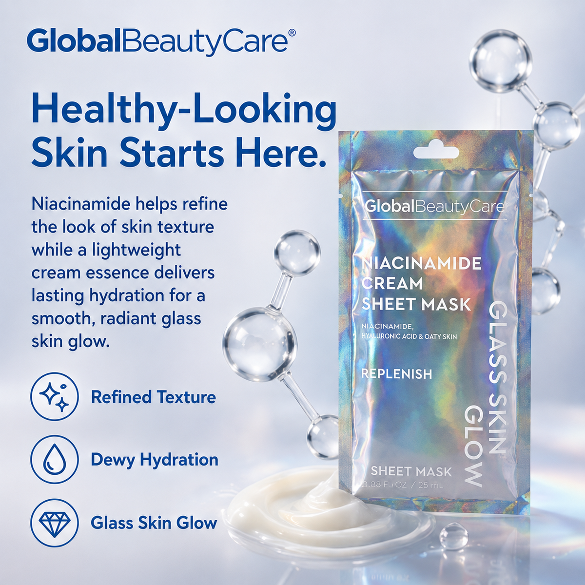 Global Beauty Care Niacinamide Glass Glow Cream Mask 3-pack packaging front label detail