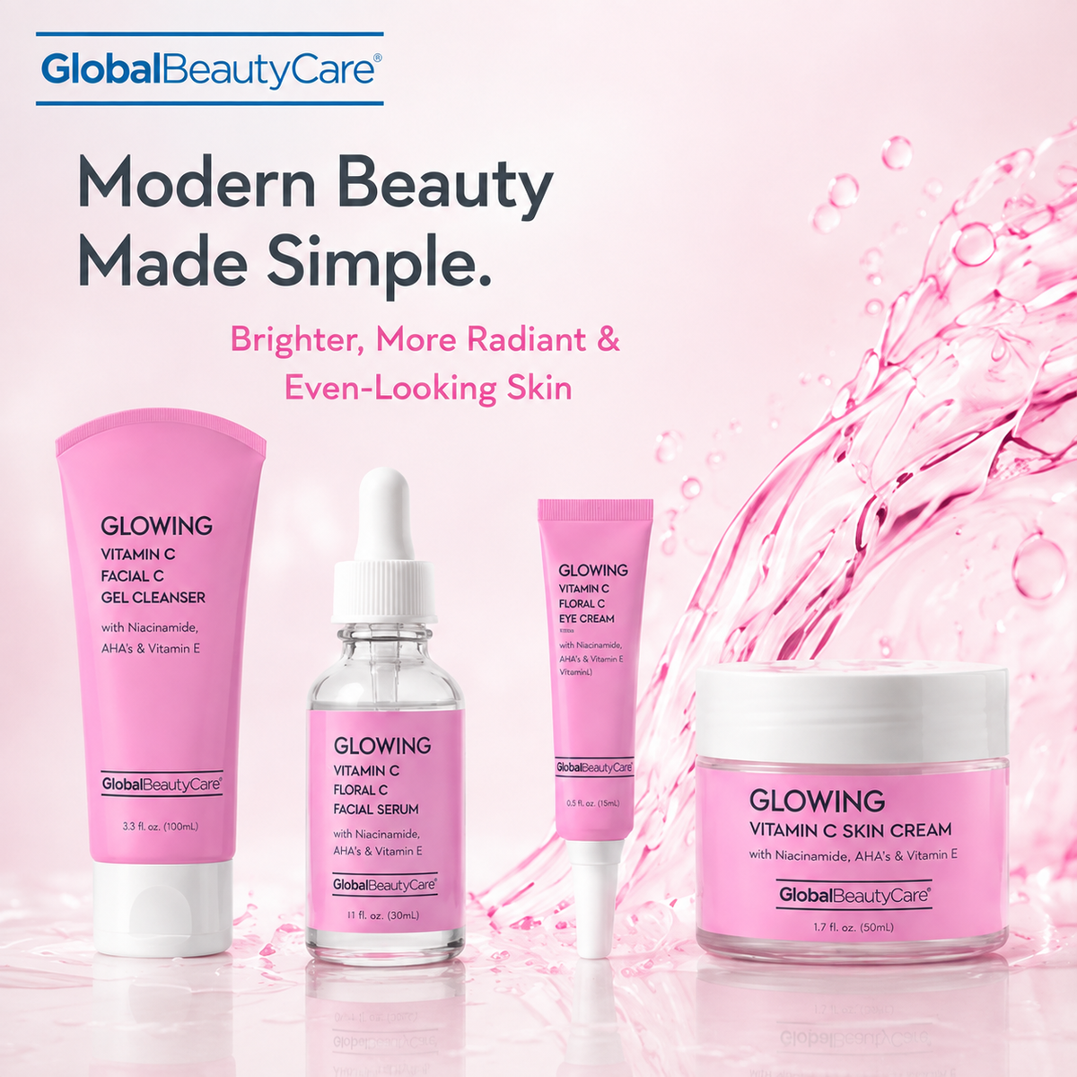 Global Beauty Care Glowing Vitamin C Collection 4-piece set lifestyle texture closeup