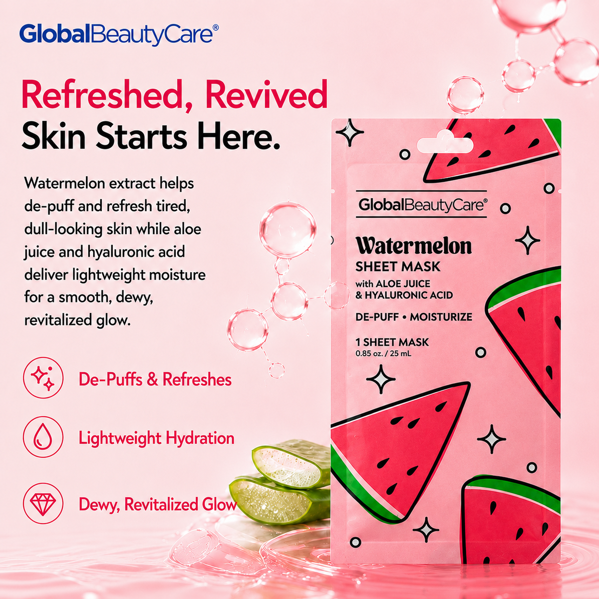 Global Beauty Care Watermelon Sheet Mask 3-pack lifestyle texture closeup