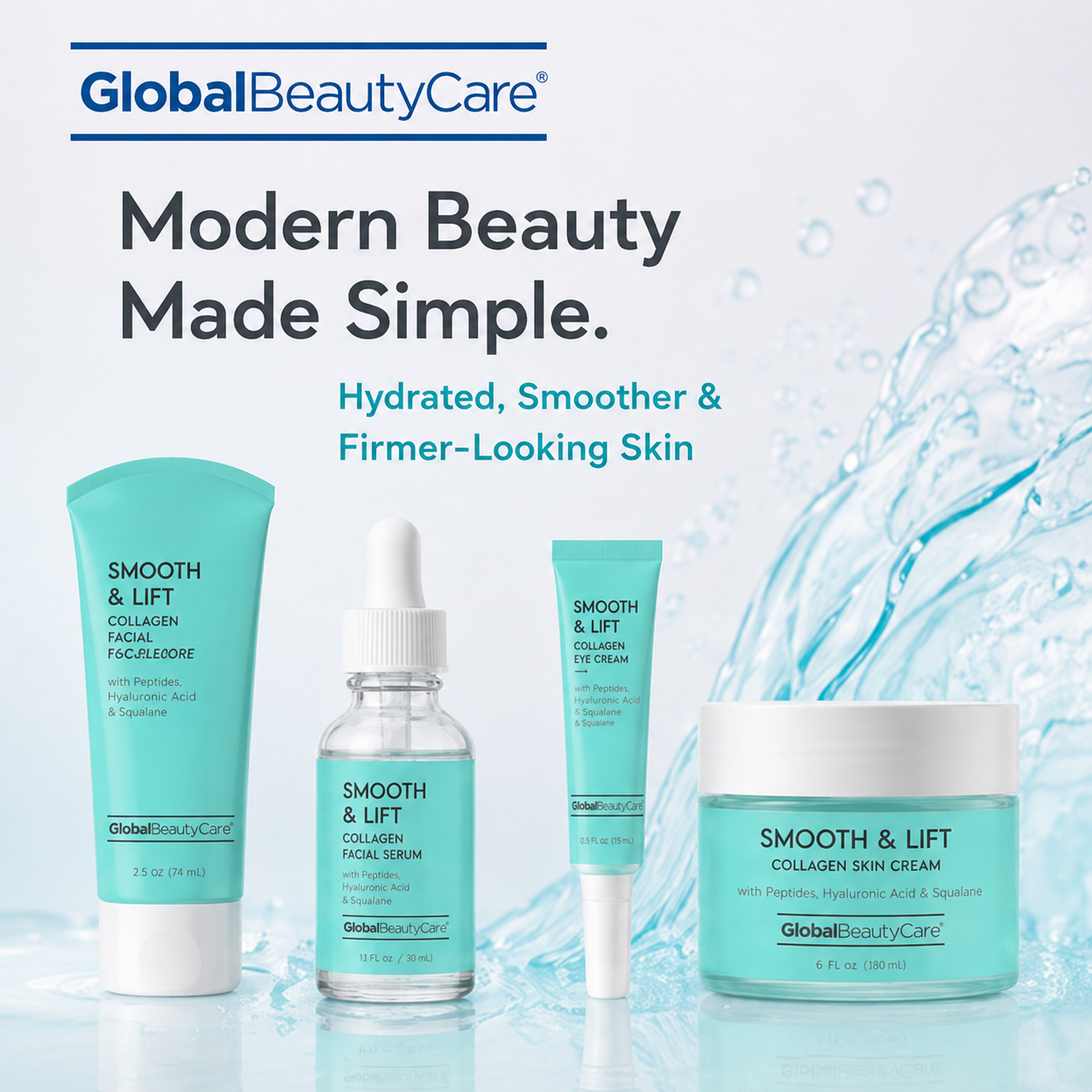Global Beauty Care Smooth and Lift Collection 4-piece set lifestyle texture closeup