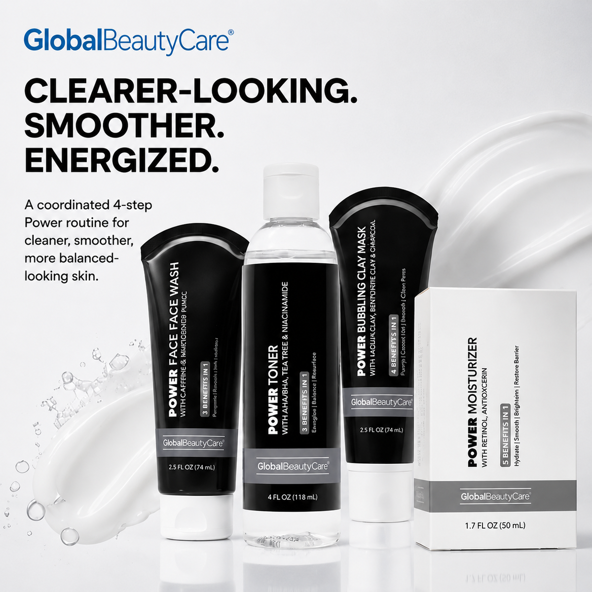 Global Beauty Care Power Skincare Collection 4-piece set lifestyle texture closeup