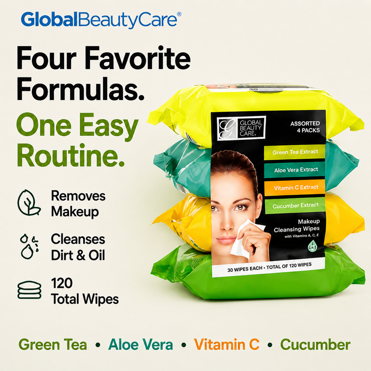 Global Beauty Care Assorted Makeup Cleansing Wipes 4-pack lifestyle closeup detail