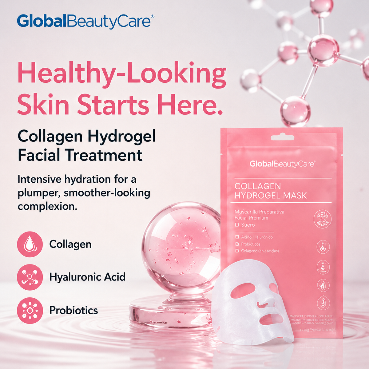Global Beauty Care Collagen Hydrogel Mask 3-pack lifestyle texture closeup