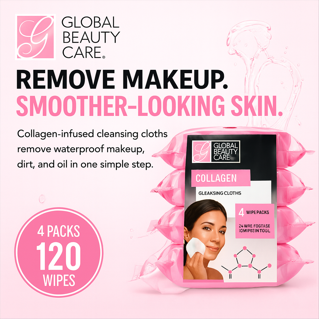 Global Beauty Care Collagen Makeup Cleansing Wipes 4-pack lifestyle closeup detail