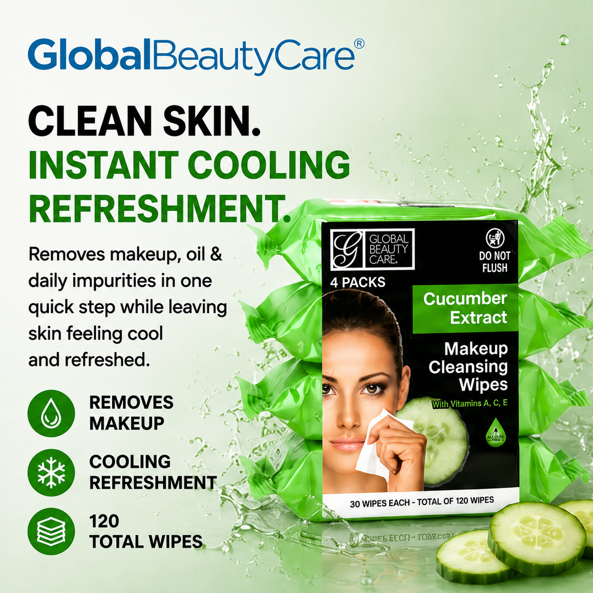 Global Beauty Care Cucumber Makeup Cleansing Wipes 4-pack lifestyle closeup detail