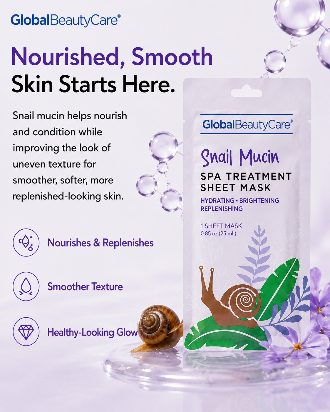 Global Beauty Care Snail Mucin Face Mask 3-pack lifestyle texture closeup