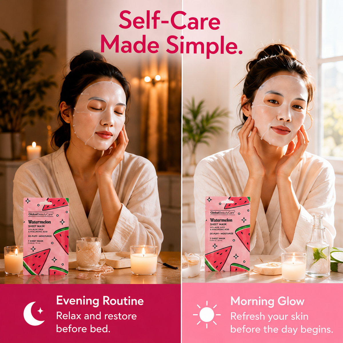 Global Beauty Care Watermelon Sheet Mask 3-pack lifestyle texture closeup