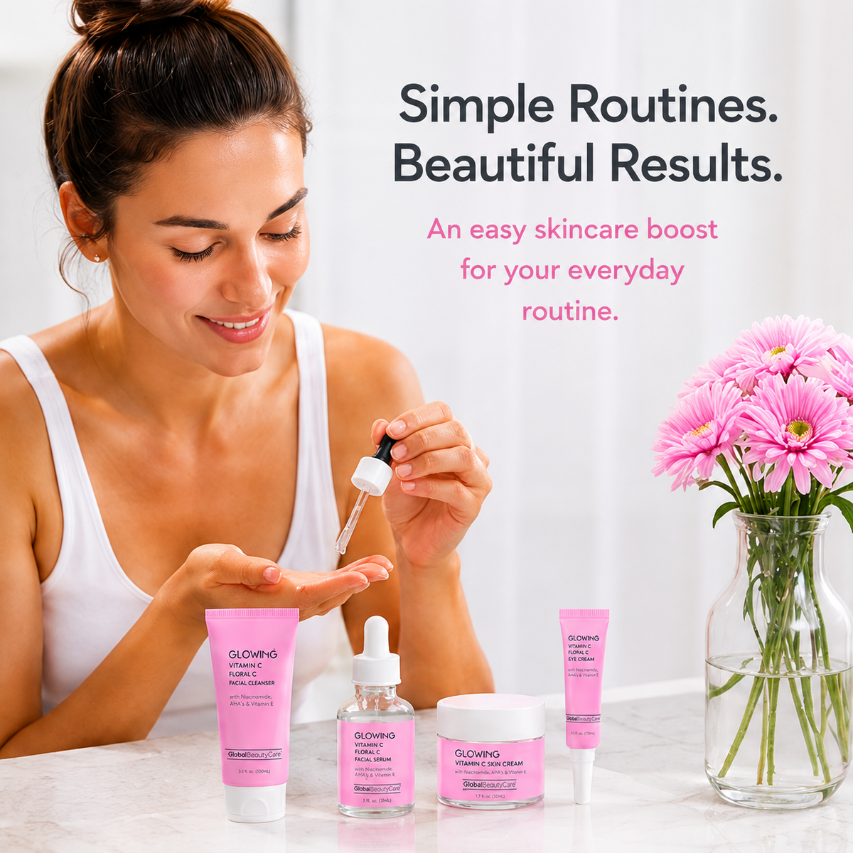 Global Beauty Care Glowing Vitamin C Collection 4-piece set lifestyle texture closeup