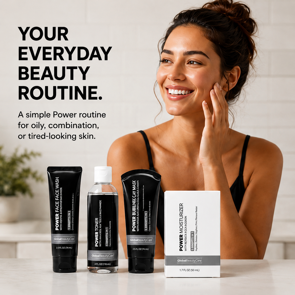 Global Beauty Care Power Skincare Collection 4-piece set lifestyle texture closeup