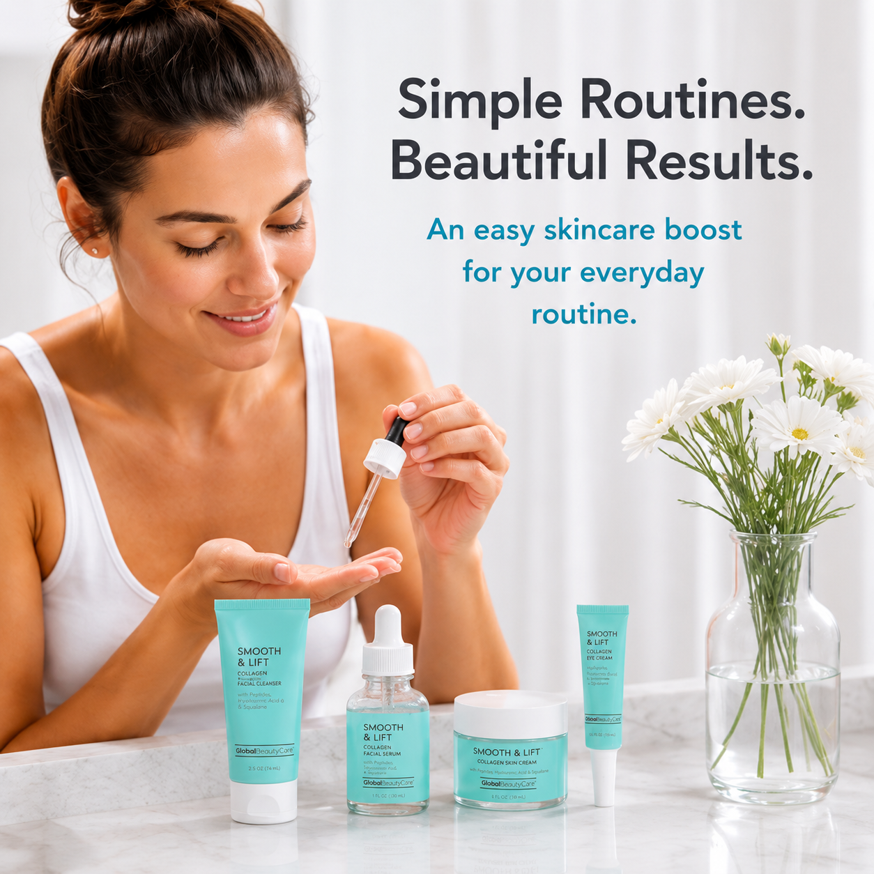 Global Beauty Care Smooth and Lift Collection 4-piece set lifestyle texture closeup