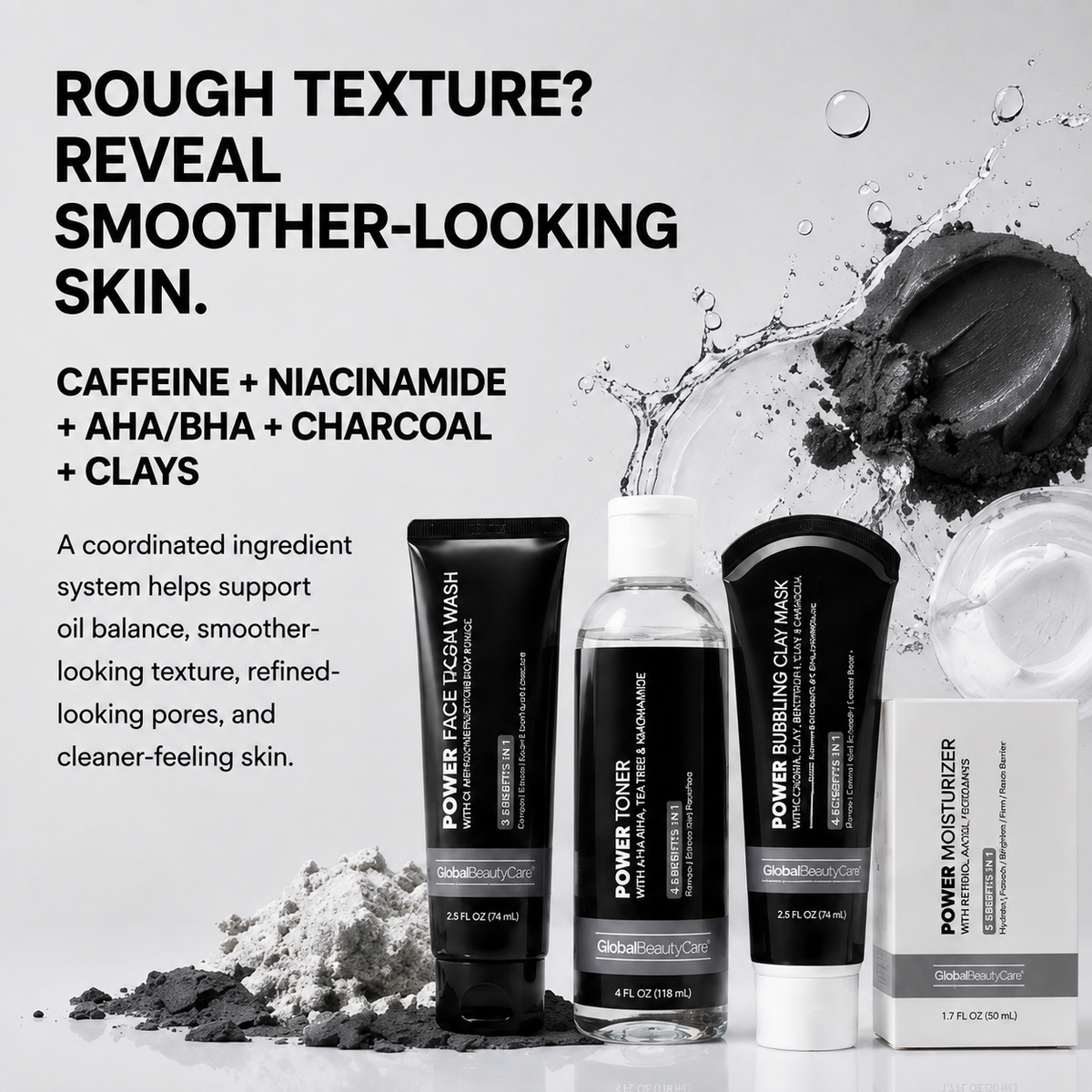 Global Beauty Care Power Skincare Collection 4-piece set lifestyle texture closeup