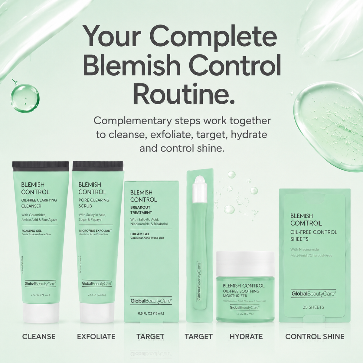 Global Beauty Care Blemish Control Collection 6-piece set lifestyle texture closeup