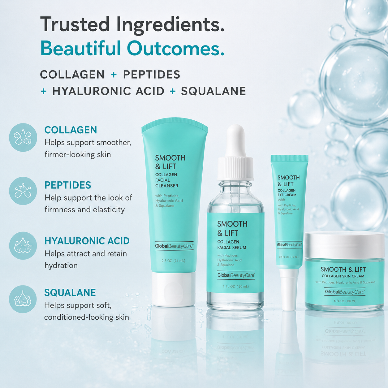 Global Beauty Care Smooth and Lift Collection 4-piece set lifestyle texture closeup