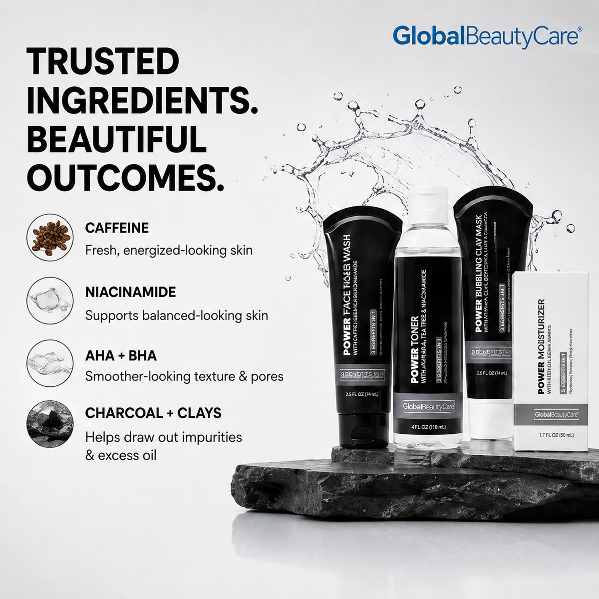 Global Beauty Care Power Skincare Collection 4-piece set lifestyle texture closeup