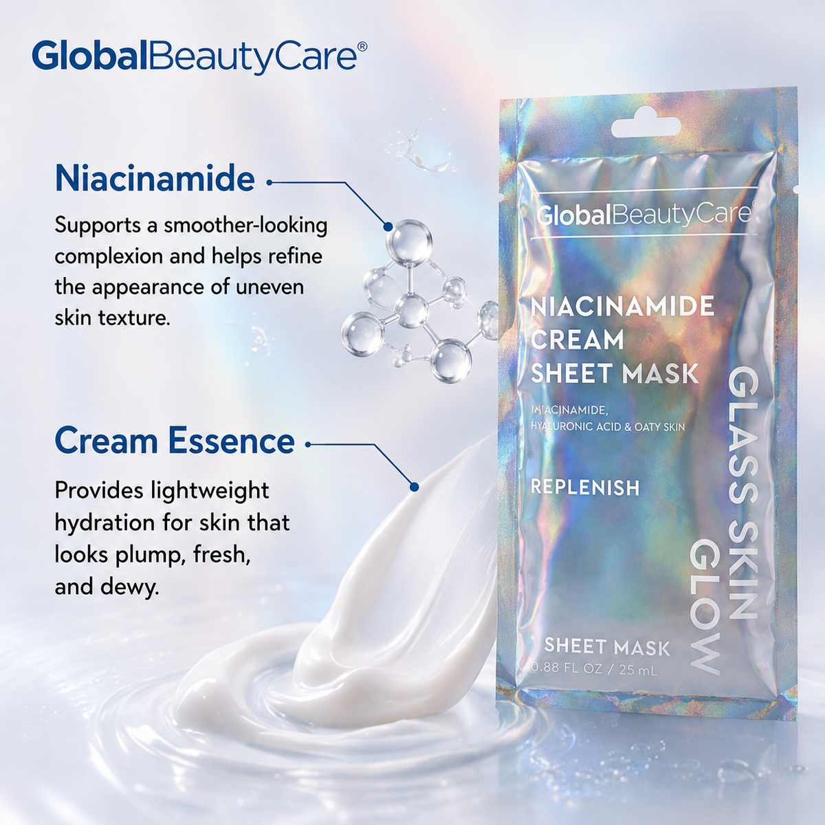 Global Beauty Care Niacinamide Glass Glow Cream Mask 3-pack lifestyle texture closeup