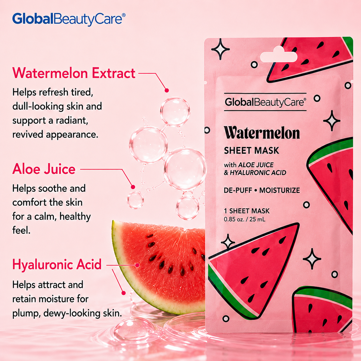 Global Beauty Care Watermelon Sheet Mask 3-pack lifestyle texture closeup
