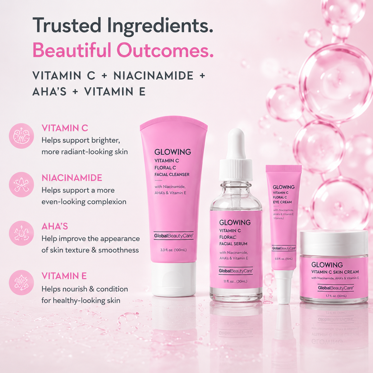 Global Beauty Care Glowing Vitamin C Collection 4-piece set lifestyle texture closeup