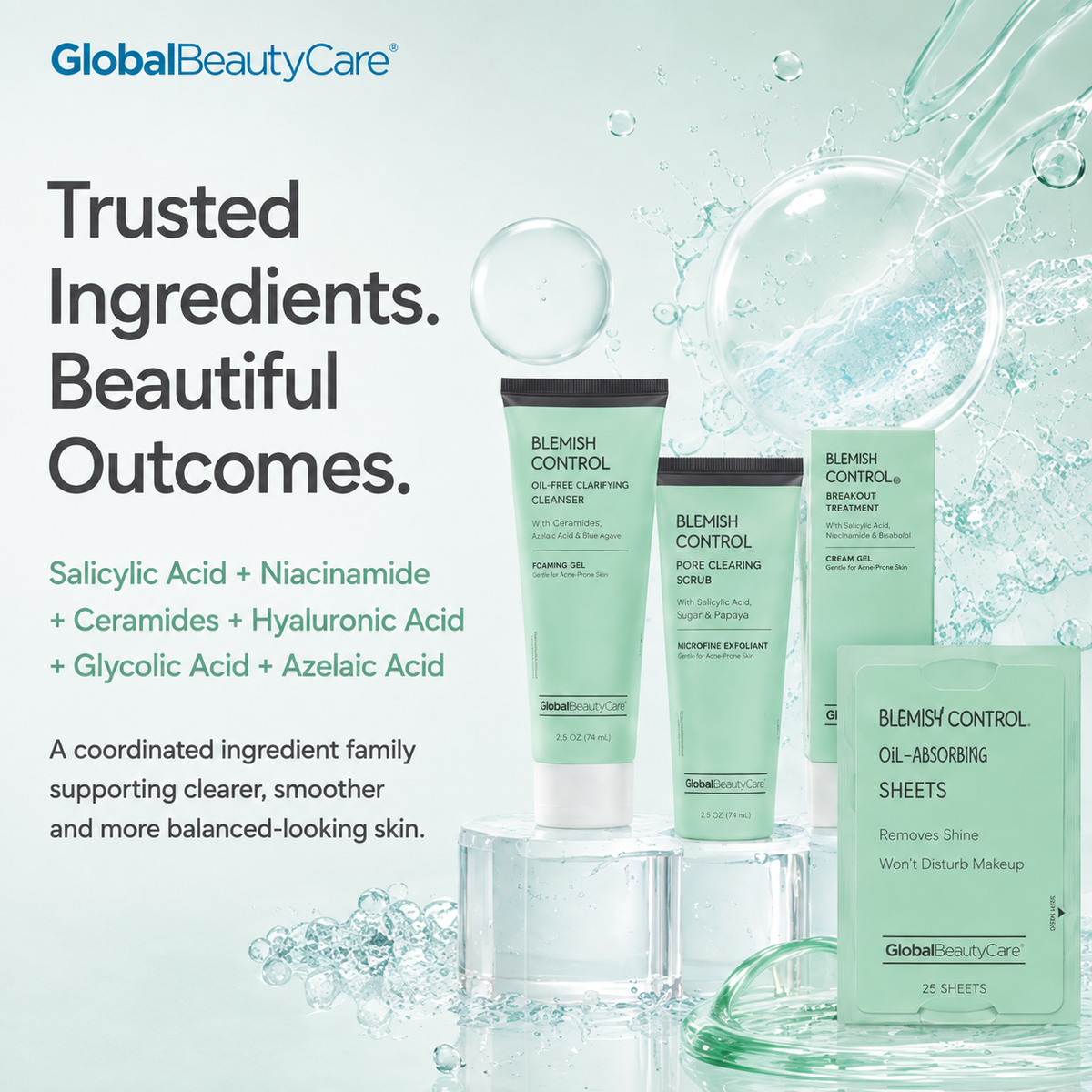 Global Beauty Care Blemish Control Collection 6-piece set lifestyle texture closeup