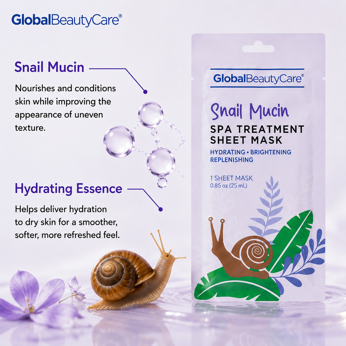 Global Beauty Care Snail Mucin Face Mask 3-pack lifestyle texture closeup