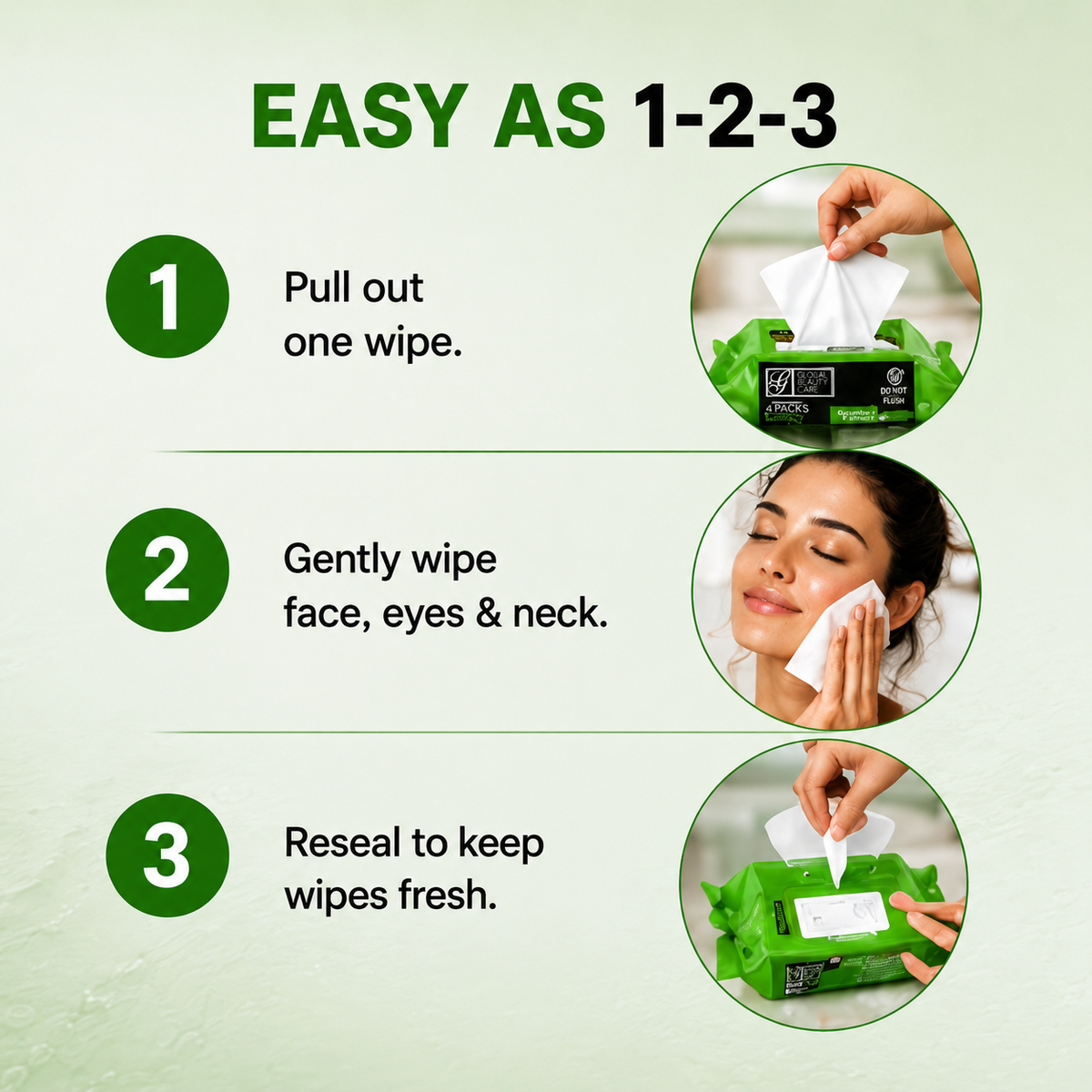 Global Beauty Care Cucumber Makeup Cleansing Wipes 4-pack lifestyle closeup detail