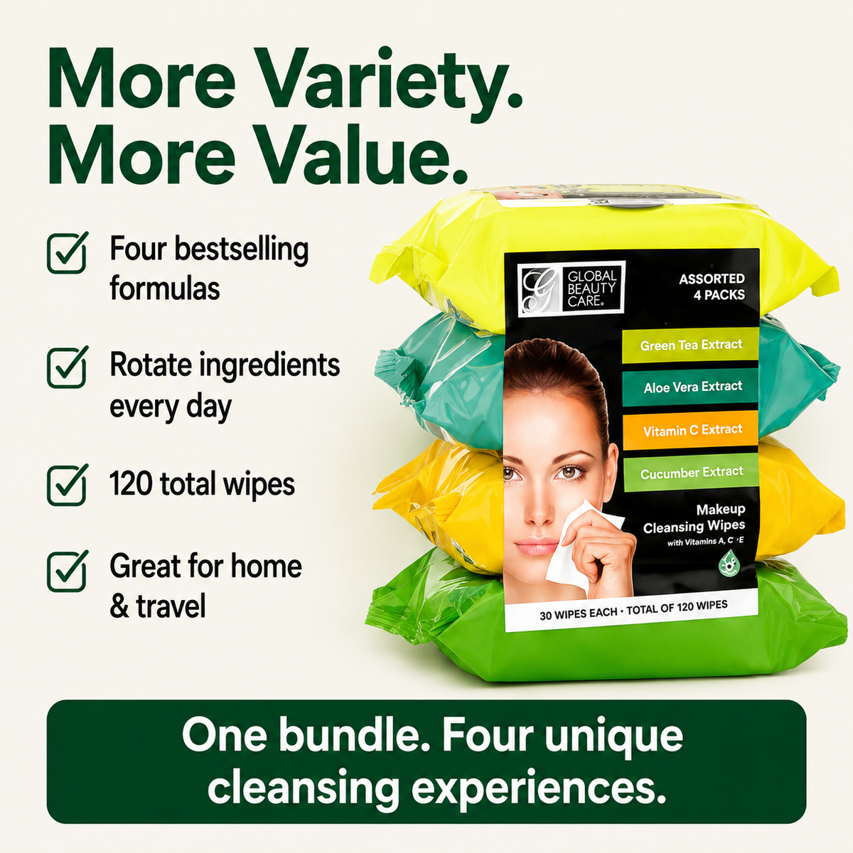 Global Beauty Care Assorted Makeup Cleansing Wipes 4-pack lifestyle closeup detail
