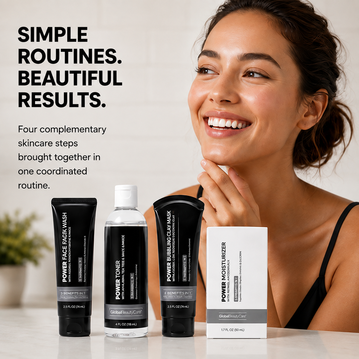 Global Beauty Care Power Skincare Collection 4-piece set lifestyle texture closeup