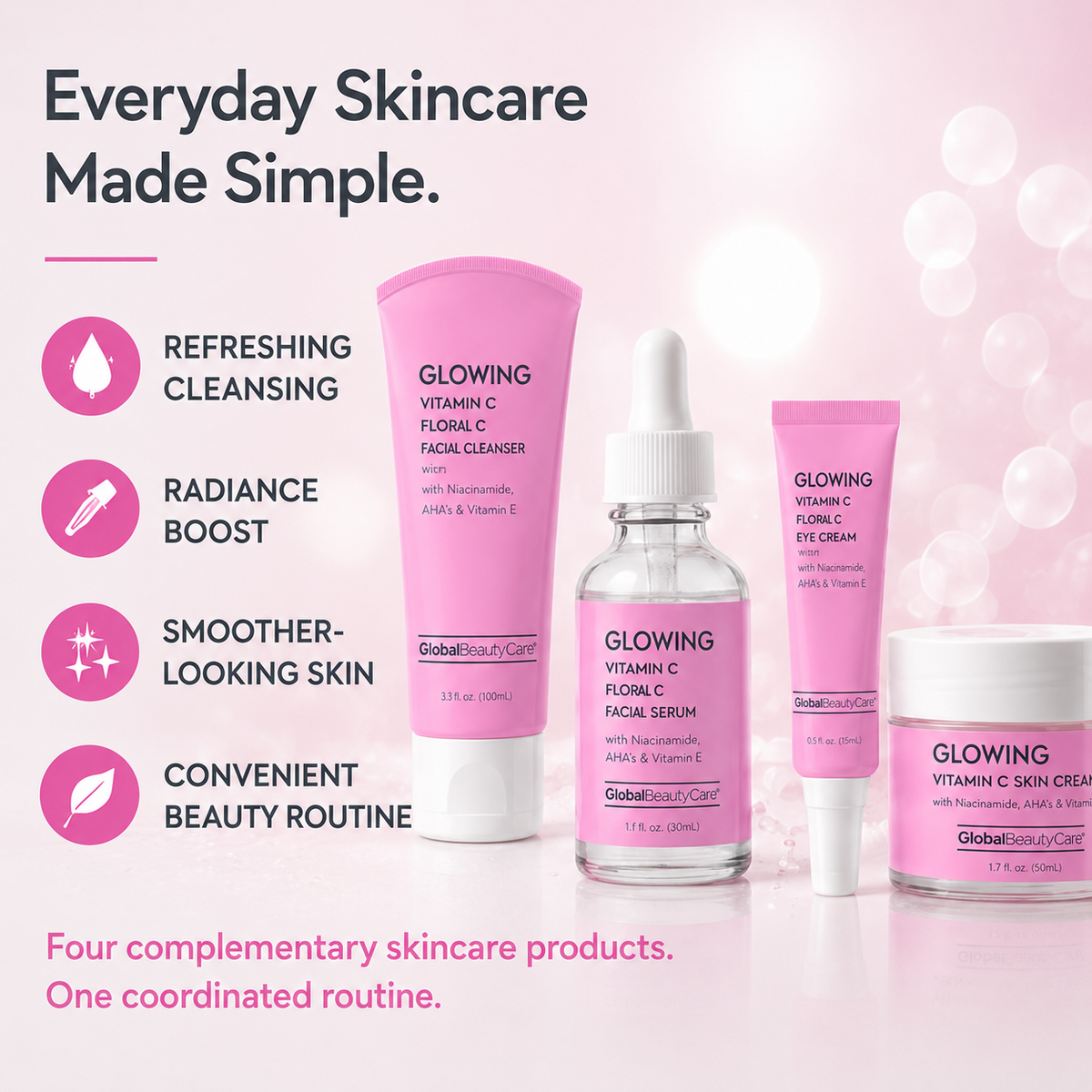 Global Beauty Care Glowing Vitamin C Collection 4-piece set lifestyle texture closeup