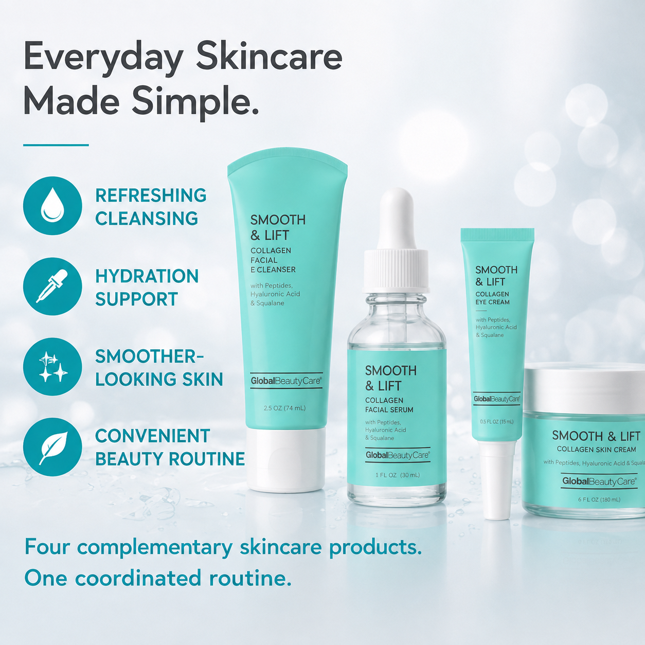 Global Beauty Care Smooth and Lift Collection 4-piece set lifestyle texture closeup