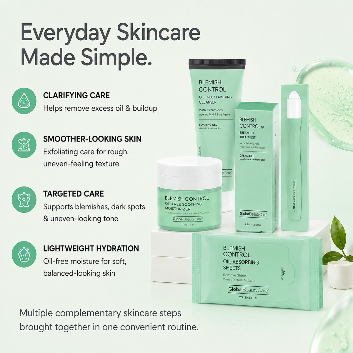 Global Beauty Care Blemish Control Collection 6-piece set lifestyle texture closeup