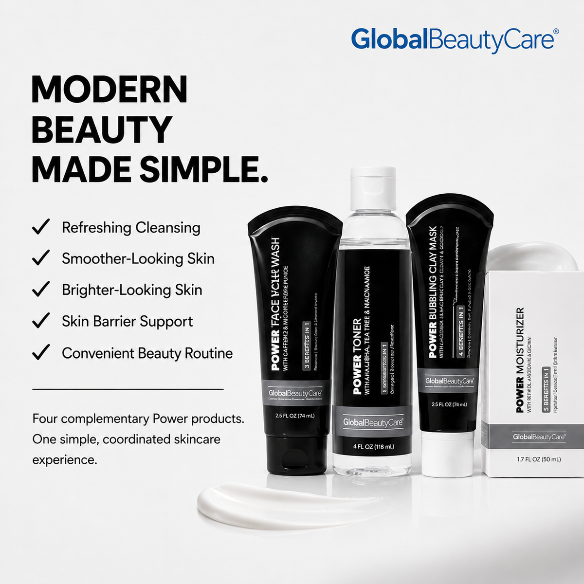 Global Beauty Care Power Skincare Collection 4-piece set lifestyle texture closeup