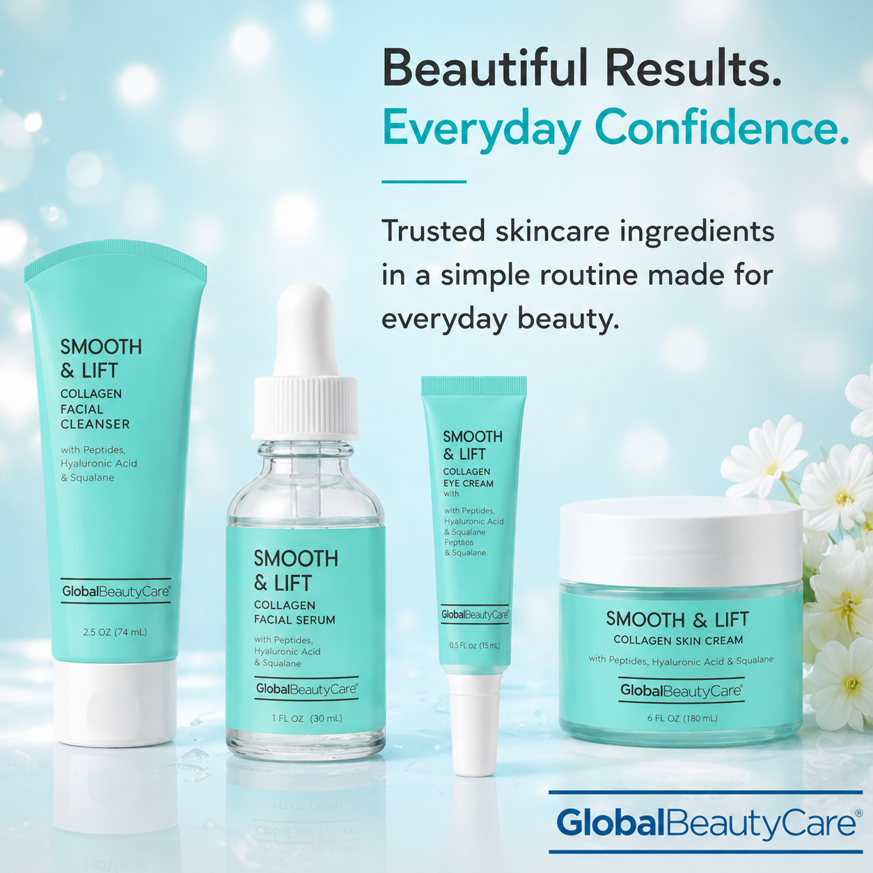 Global Beauty Care Smooth and Lift Collection 4-piece set lifestyle texture closeup