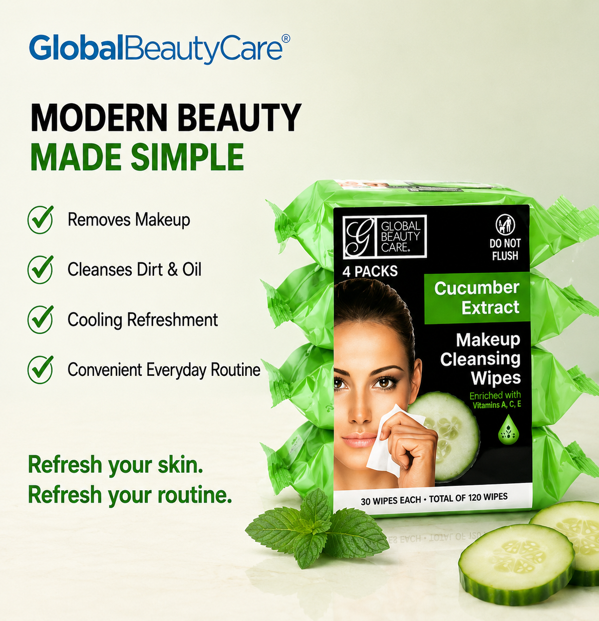 Global Beauty Care Cucumber Makeup Cleansing Wipes 4-pack lifestyle closeup detail
