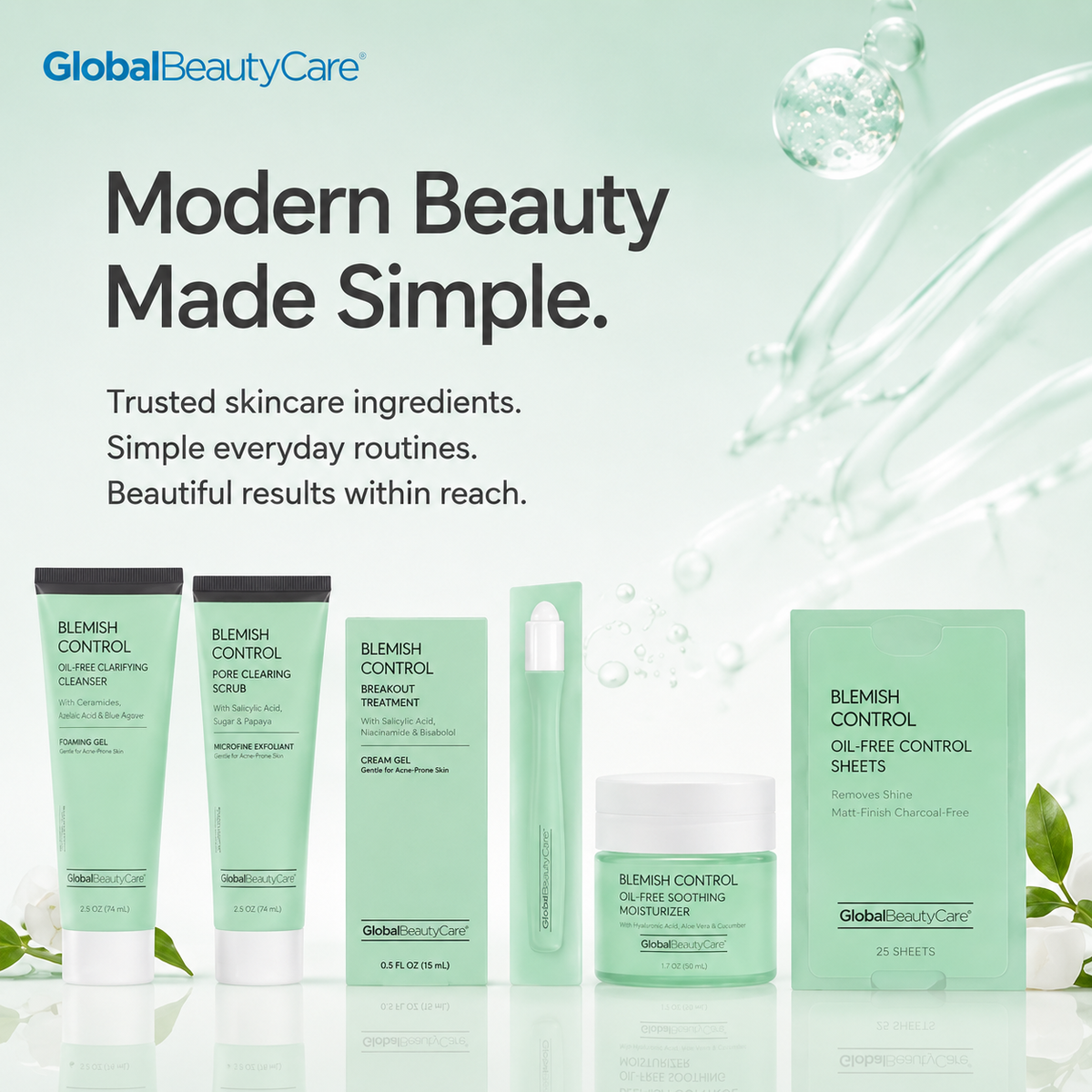 Global Beauty Care Blemish Control Collection 6-piece set lifestyle texture closeup