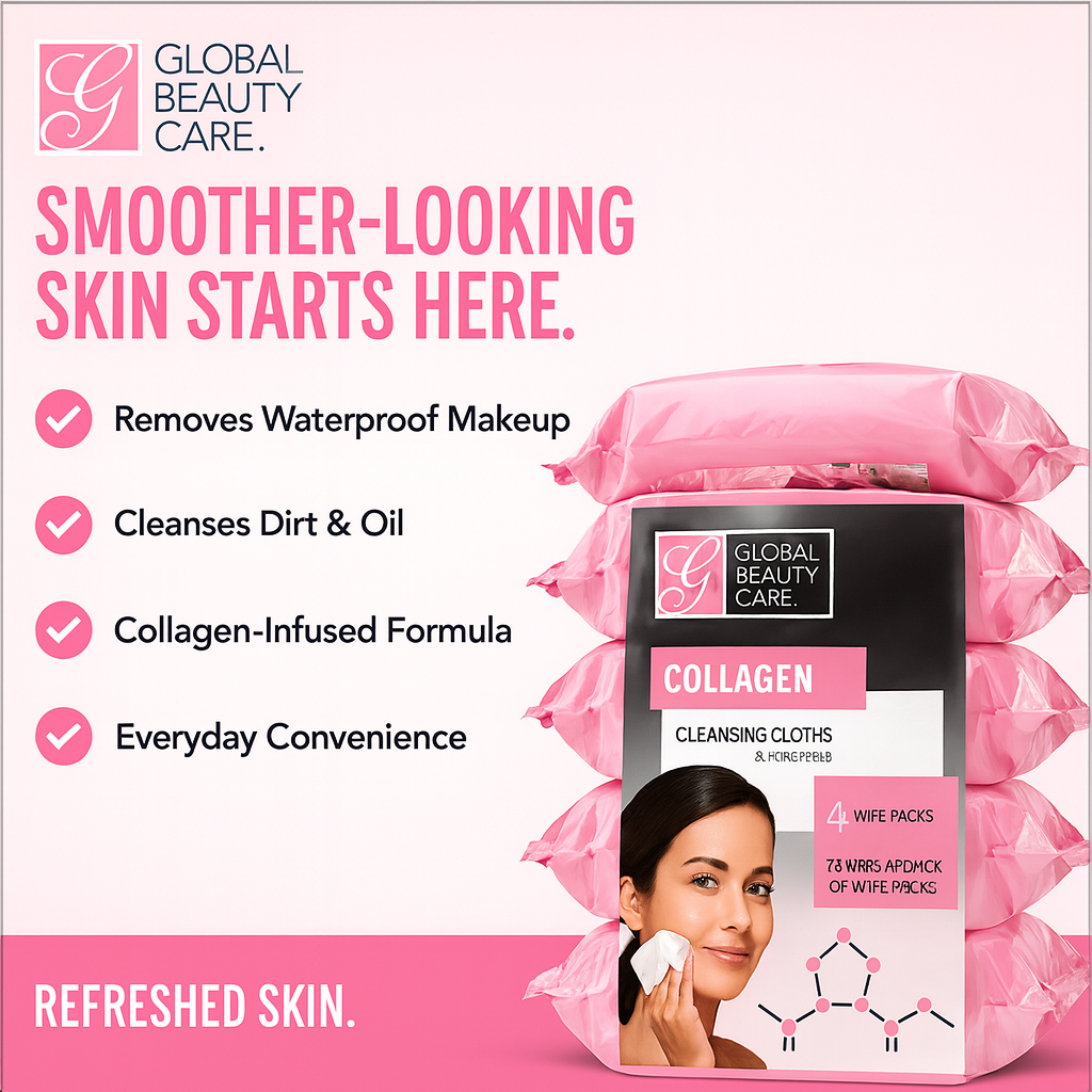 Global Beauty Care Collagen Makeup Cleansing Wipes 4-pack lifestyle closeup detail