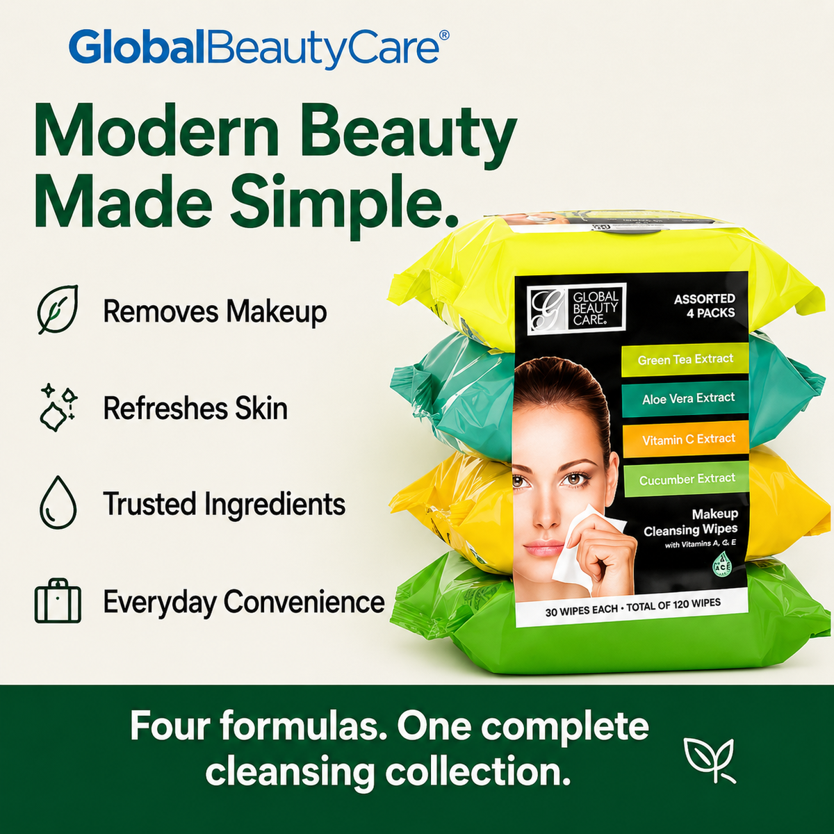 Global Beauty Care Assorted Makeup Cleansing Wipes 4-pack lifestyle closeup detail
