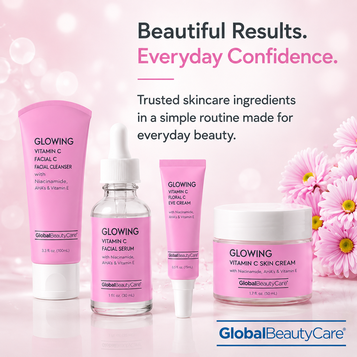 Global Beauty Care Glowing Vitamin C Collection 4-piece set lifestyle texture closeup